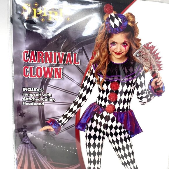 Spirit Halloween Kids Carnival Clown Costume Jumpsuit Collar Headband Hat - Picture 4 of 7